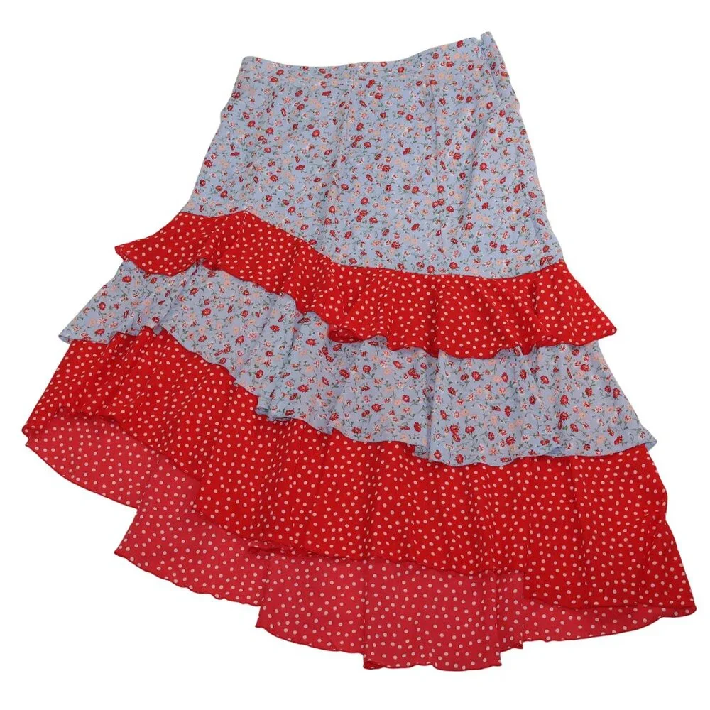 New York & Company Womens Large Red Blue Floral Hi-Lo Hem Ruffled Layers Skirt - Picture 1 of 10